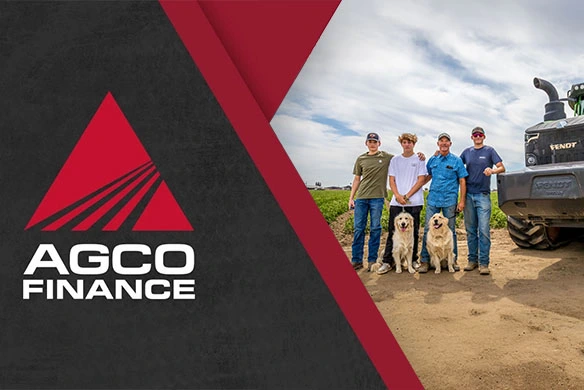 Quinn Ag team standing beside a Fendt tractor with AGCO Finance branding, highlighting trusted agricultural equipment financing partnership and support.